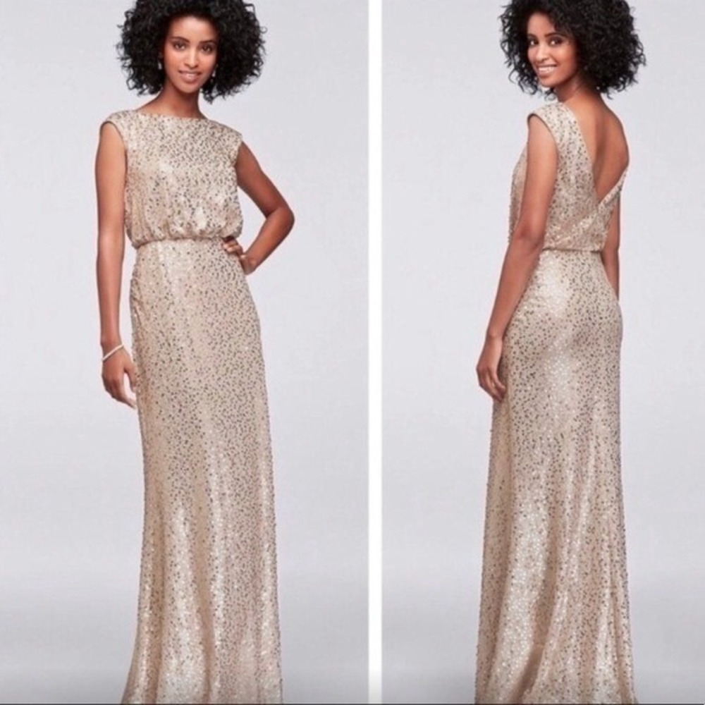 David's Bridal || Long Sequin Blouson Dress V-Back Gold XS